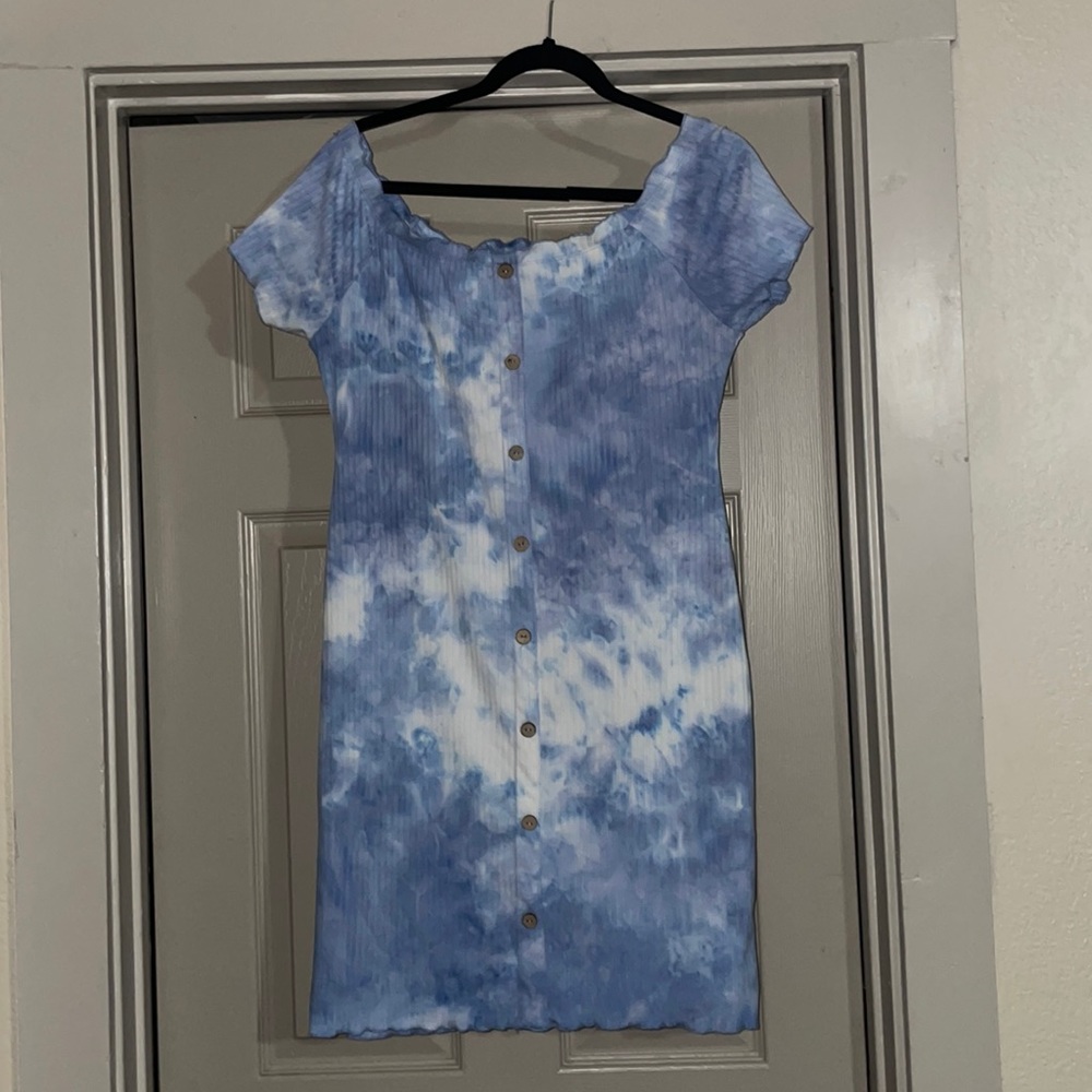 Blue and white, above the knee dress.